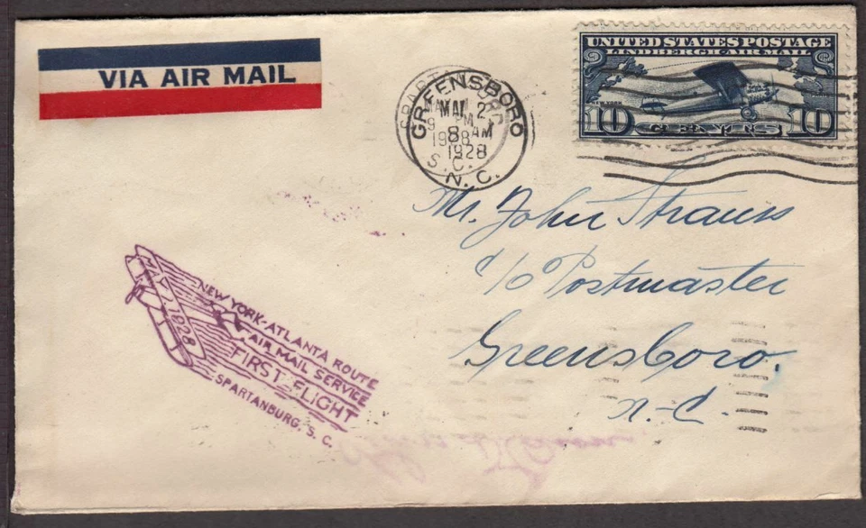 1928 First Flight CAM-19 New York - Atlanta GA - Spartanburg - Greensboro (C - Image 1 of 2