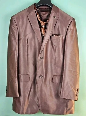 EJ Samuel Mens 42R 4 Piece Suit Brown Floral Modern Fit 36R Pants Tie Pocket - Image 1 of 4