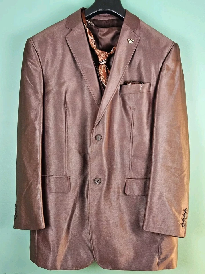 EJ Samuel Mens 42R 4 Piece Suit Brown Floral Modern Fit 36R Pants Tie Pocket - Image 1 of 4