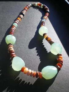 1 Somptuous Fire Opal & Chalcedony Stone Beads Necklace Pre-Colombian Design - Picture 1 of 1