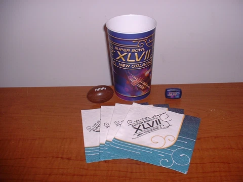 NOS SUPER BOWL XLVII 49 ers RAVENS HOLOGRAM CUP (4) NAPKINS XLVII RING BALL RING Cover