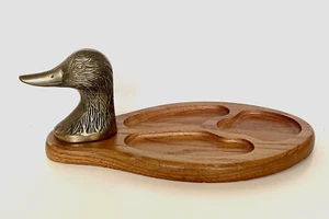 Vintage Dresser Valet Tray Brass Duck and Oak Wood Retro - Picture 1 of 10