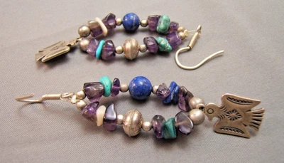 Sterling Silver Lapis Amythyst Turquoise Thunderbird Drop Earrings  Hand Crafted - Image 1 of 2