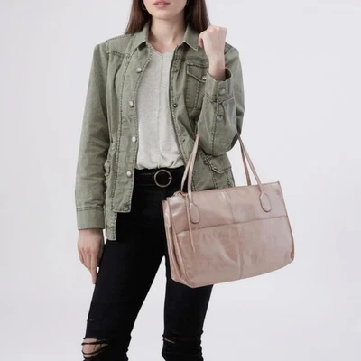 Hobo Friar Champagne Leather Shoulder Bag Satchel Tote Floral Interior - Image 1 of 4