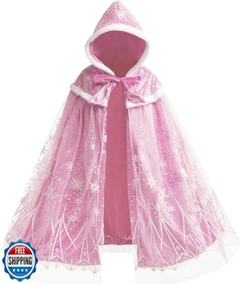 Girls Elsa Cape Kids Warm Hooded Cloak Dress up Princess Cape 2-10Years - Image 1 of 4
