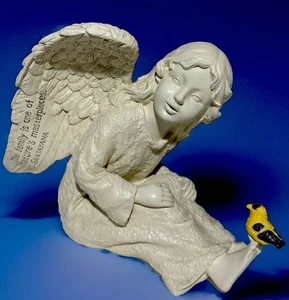 VTG Sitting Angel Figurine With A Goldfinch On Her Toes And A Quote On Her Wing - Picture 1 of 10