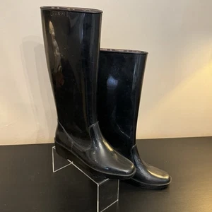 Fendi Black Rubber Rain Boots Size 38 Wedge Heel Zucca Logo Lining Italy - Picture 1 of 16