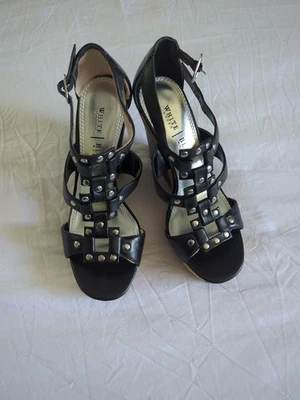 WHBM Silver Studded Black Leather Wedge Cage Sandals Women's Sz 6 Y2K Motocore - Image 1 of 4