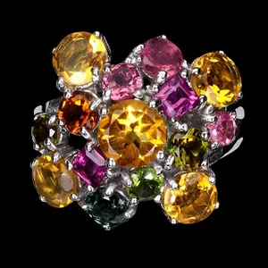 925 Sterling Silver Ring Round Citrine Rhodolite Tourmaline Jewelry Size 7 - Picture 1 of 14