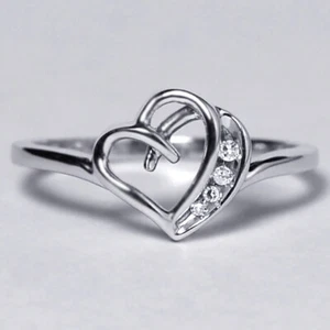Womens Real Diamond Open Heart Love Small Ring Solid 10K White Gold - Picture 1 of 5
