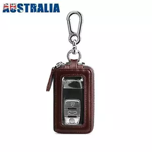 Double Layers Genuine Leather Car Key Holder Case Keychain Bag Zipper Pouch - Picture 1 of 11