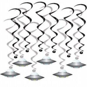 Flying Saucer Hanging Whirl Decorations Foil 12 Per Pack 22.5" and 15" Space