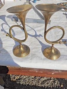 Vintage Pair Large 10.5” Brass Horn Taper Candle Holders - Bild 1 von 14