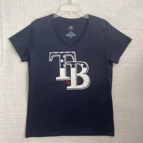 Tampa Bay Rays MLB Baseball Shirt Top Woman's Large Blue Short Sleeve V Neck Cover
