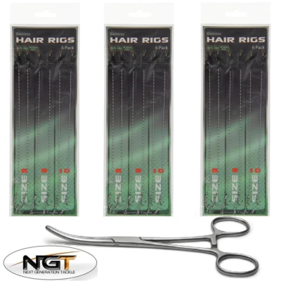18 x Hair Rigs Barbless Size 6 8 10 NGT Carp Tackle 12lb Braid + Curved Forceps - Image 1 of 3