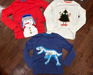 Mini Boden Shirts Lot SZ 9-10 Long Sleeve Fuzzy Tree Snowman Dinosaur Appliqué - Picture 1 of 11