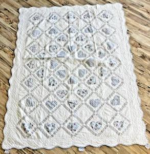 White Pink& Blue Gingham Hearts Chambray Country Cottage Quilt 79.5' H 62.5' W - Picture 1 of 5