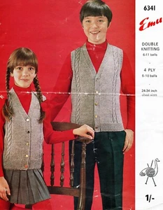 ~ Vintage 1960s Emu Knitting Pattern For Child's Cabled Waistcoat ~ 24" ~ 34" ~ - Picture 1 of 1