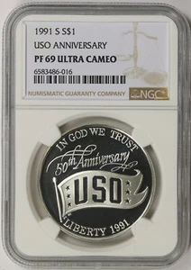 1991-S USO Anniversary Modern Commemorative $1 PF 69 UC NGC minor struck thru - Picture 1 of 5