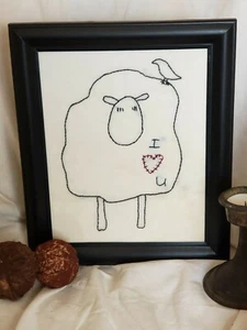 Primitive Handmade Stitchery Natural Cotton Stitched Sheep I Love You Heart - Picture 1 of 3
