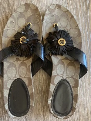 Coach Khaki Thong Flip Flop Sandal With Genuine Leather  Tassel Details Size 8.5 - Image 1 of 4