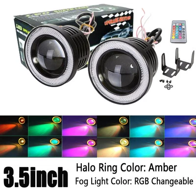 Par de luces antiniebla LED COB RGB de 3,5" multicolor con anillo ámbar ojo de ángel coche auto ATV Foto 1 de 4