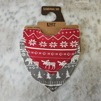 Baby Bib Set of Two 100% Cotton Nordic Bandana Red Moose Gray Bear Washable - Image 1 of 4