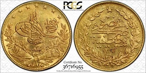 TURCHIA - OTTOMANO, ORO 50 KURUSH ABDUL HAMID II 1293/30 - PCGS MS 62, RARO8 - Foto 1 di 1