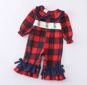 NEW Boutique Christmas Tree Baby Girls Plaid Smocked Embroidered Romper