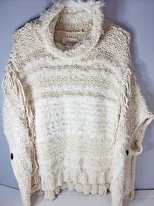 Anthropologie Poncho Sweater  Women M/L  Ivory Knit Fringe Buttons Boho 30" - - Picture 1 of 7