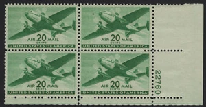   SCOTT # C29 -TRANSPORT SERIES - PLATE BLOCK OF FOUR  20 CENT STAMPS - OG - MNH - Picture 1 of 1