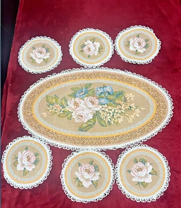 Vintage Russia Oval Runner Pink Rose Lace Trim Doily Taupe Tapestry 7 pcs set - Picture 1 of 4