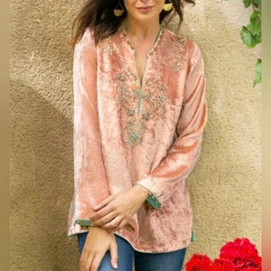Soft Surroundings Crushed Velvet Moroccan Beaded Embellish Tunic Lush Peach PXS - Bild 1 von 24