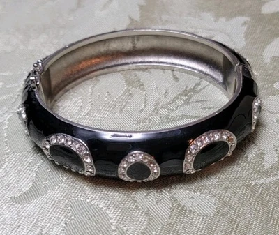 LIA SOPHIA Black Enamel Rhinestone Bangle Bracelet Silver Tone Hinged 7 1/2" - Image 1 of 3