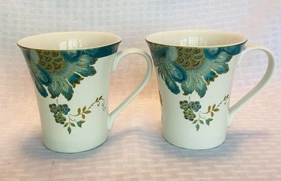 Set Of 2 - 222 FIFTH ELIZA TEAL 8 Oz. Coffee Cups / Mug 4.25” High - EC - Image 1 of 4