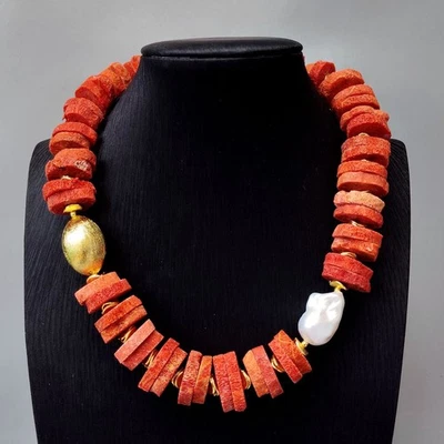 Ожерелье женское 18x27 мм красная губка коралл белый барочный жемчуг золотистый бусина ошейник - Изображение 1 из 4