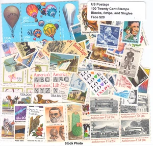 US Postage - 100 - 20c Mint NH stamps Below Face in blocks, strips and singles - Picture 1 of 1
