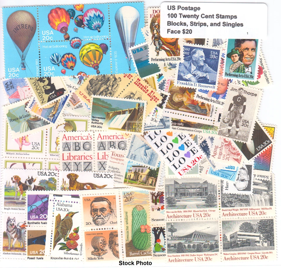 US Postage - 100 - 20c Mint NH stamps Below Face in blocks, strips and singles - Image 1 of 1