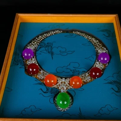Natural Multicolor jade Necklace with Diamond Accents in Blue Gift Box - Image 1 of 4