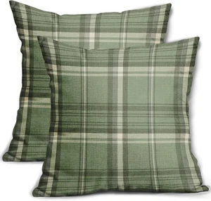 Set of 2 Sage Green Plaid Pillow Covers 20x20, Farmhouse Buffalo Check Linen - Picture 1 of 2