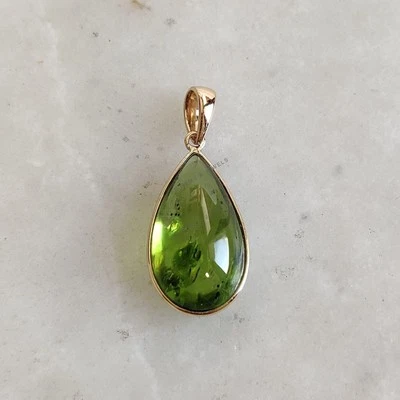 10.21ct Natural Peridot Pendant 14K Yellow Gold Bezel Teardrop August Birthstone - Image 1 of 4