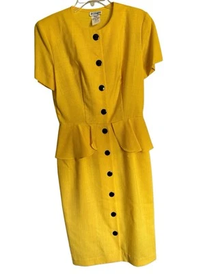 Vestido Feminino Vintage Apostrophe Amarelo Peplum Botões Pretos, Tamanho 12, Funciona Pequeno - Imagem 1 de 4