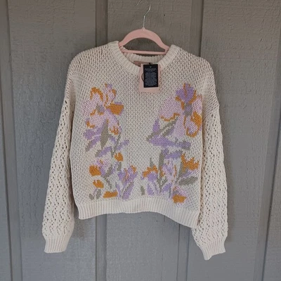 Suéter jacquard floral twinset tamanho XL feminino preppy boho algodão manga longa - Imagem 1 de 4