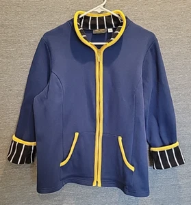Bob Mackie Wearable Art Women Large Full Zip Jacket Navy Yellow Trim Cotton Poly - Picture 1 of 10