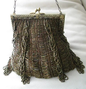 Antique Art Deco Gold Floral Frame Brown Knit Copper Iridescent Bead Purse - Picture 1 of 7
