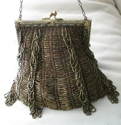 Antique Art Deco Gold Floral Frame Brown Knit Copper Iridescent Bead Purse - Image 1 of 4