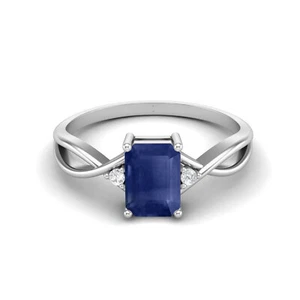 925 Sterling Silver 7x5MM Octagon Natural Blue Sapphire Three Stone Women Ring - Picture 1 of 4