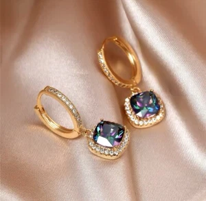 9CT Gold GF Mystic Opal Fire Rainbow Crystal Lever Back Earrings FREE BOX (1054) - Picture 1 of 9