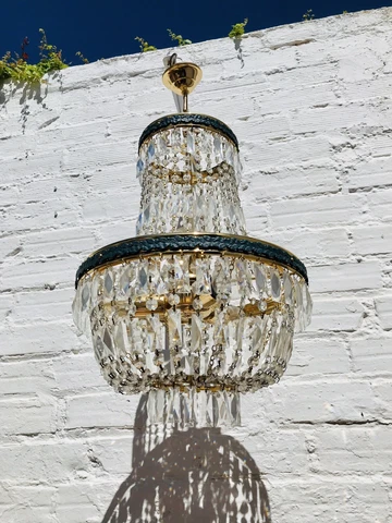 16 x 30" Vintage, French, Empire, Crystal Chandelier, Bowl, Tiered, Green, Gold Cover