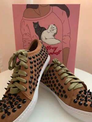 Jeffrey Campbell nude suede tie sneaker size 9.5 black spikes green shoelaces - Image 1 of 4